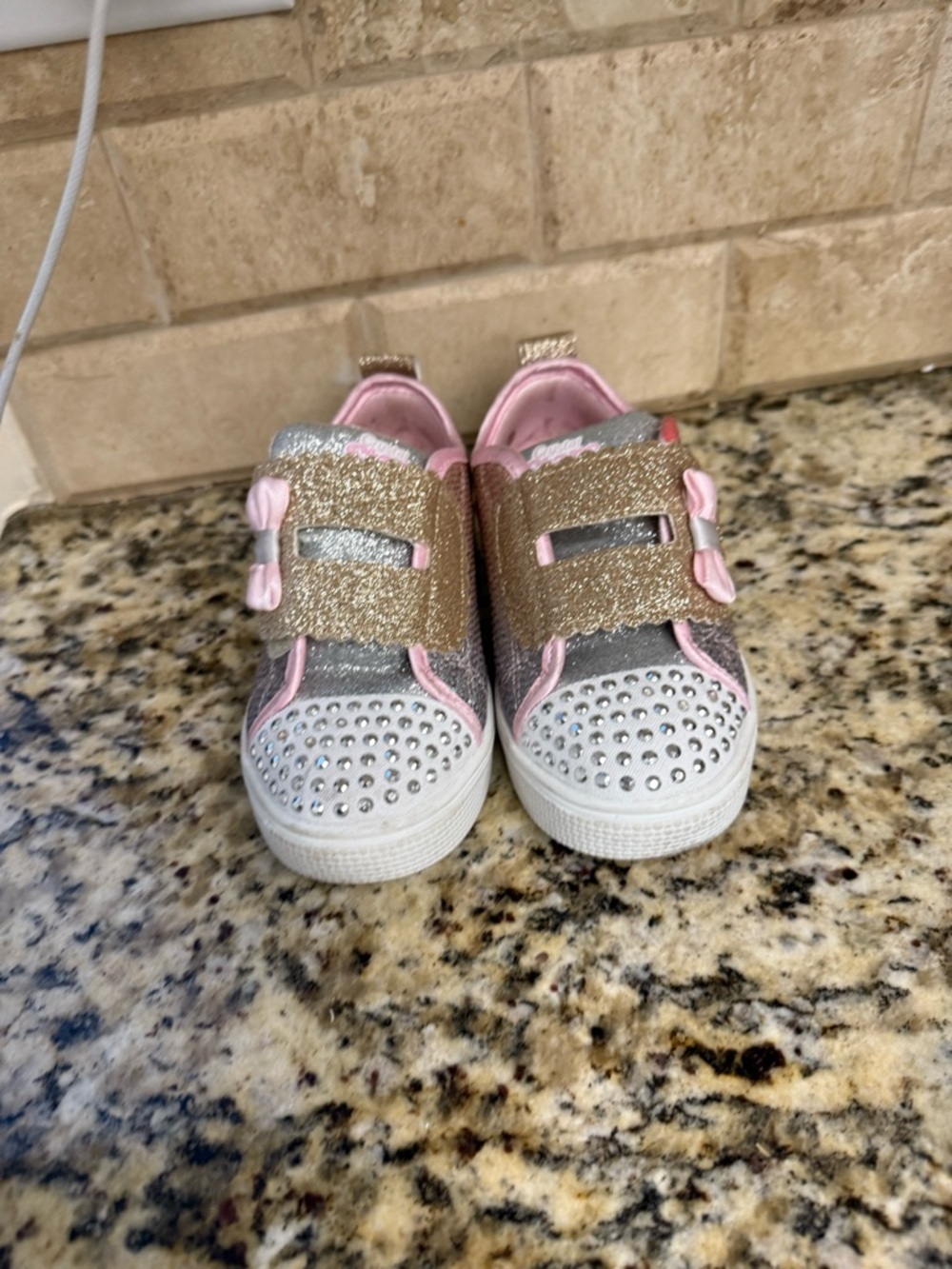 Skechers Girls' Pink, Gold & Silver Glitter Slip-On Sneakers with Rhinestones